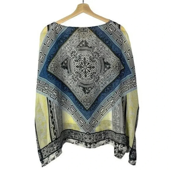 Hale Bob Blue & Yellow Kaftan Boxy Silk Short Sleeve Blouse XS - Picture 2 of 5